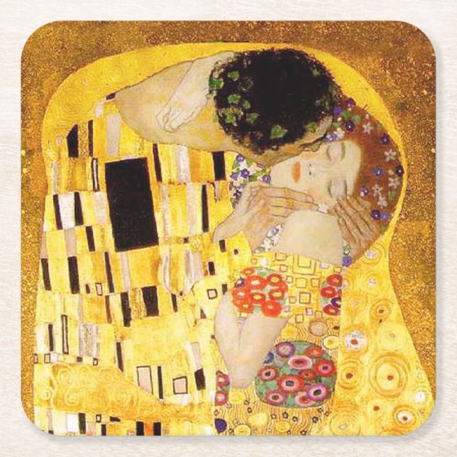 Gustav Klimt The Kiss Classic Painting Square Paper Coaster (Front)