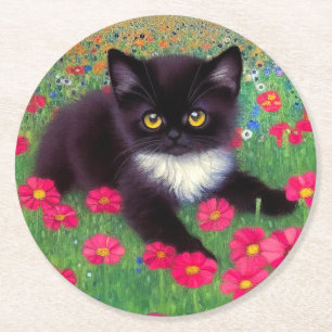 Gustav Klimt Tuxedo Cat Round Paper Coaster