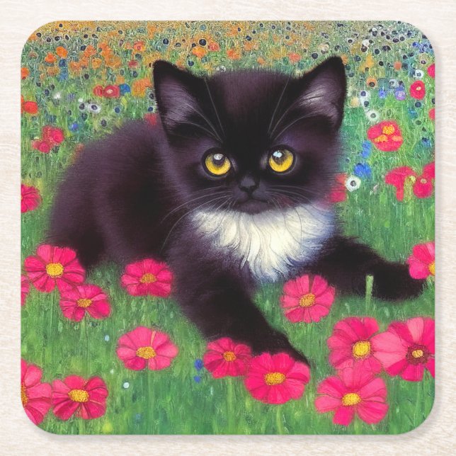 Gustav Klimt Tuxedo Cat Square Paper Coaster (Front)