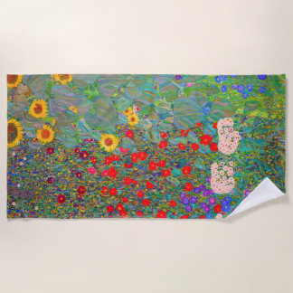 Gustav Klimt's Farm Garden with Sunflowers   Beach Towel