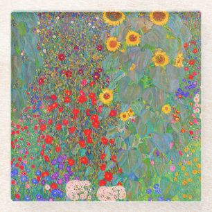 Gustav Klimt's Farm Garden with Sunflowers  Glass Coaster