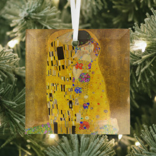 Gustav Klimt's The Kiss famous painting. Glass Tree Decoration