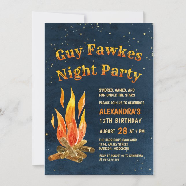 Guy Fawkes Night Party Bonfire Birthday Invitation (Front)