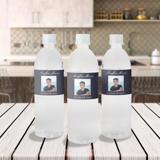 Guy Grad Modern Graduate Custom Photo Water Bottle Label (Creator Uploaded)