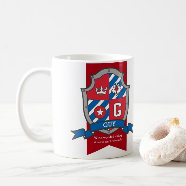 Guy letter G heraldry red blue name meaning Coffee Mug (With Donut)