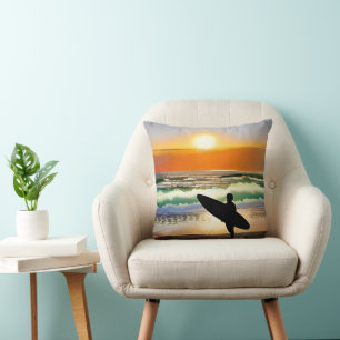 Guy on Beach with Surf Board Sunset Cushion