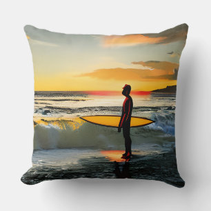 Guy on Beach with Surf Board Sunset Cushion