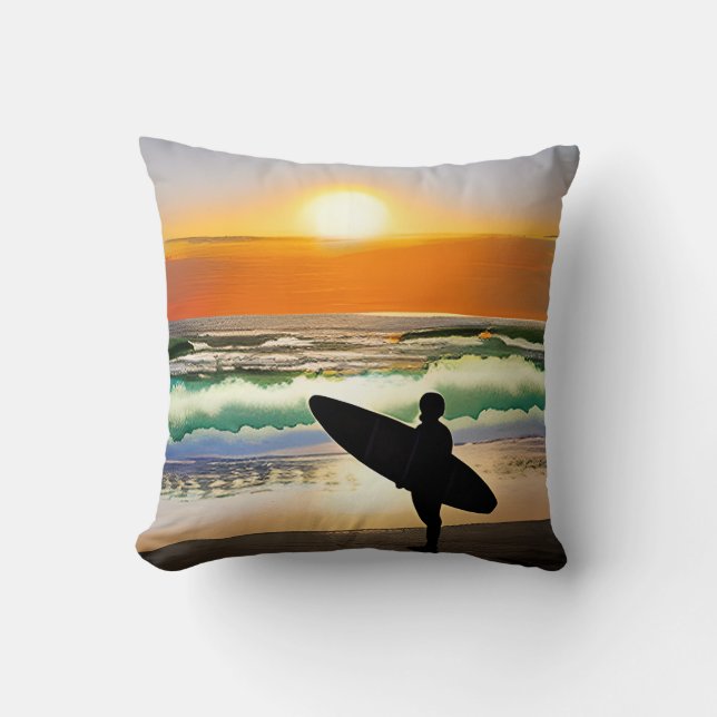 Guy on Beach with Surf Board Sunset Cushion (Front)