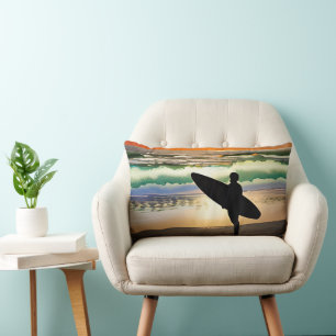 Guy on Beach with Surf Board Sunset Lumbar Cushion