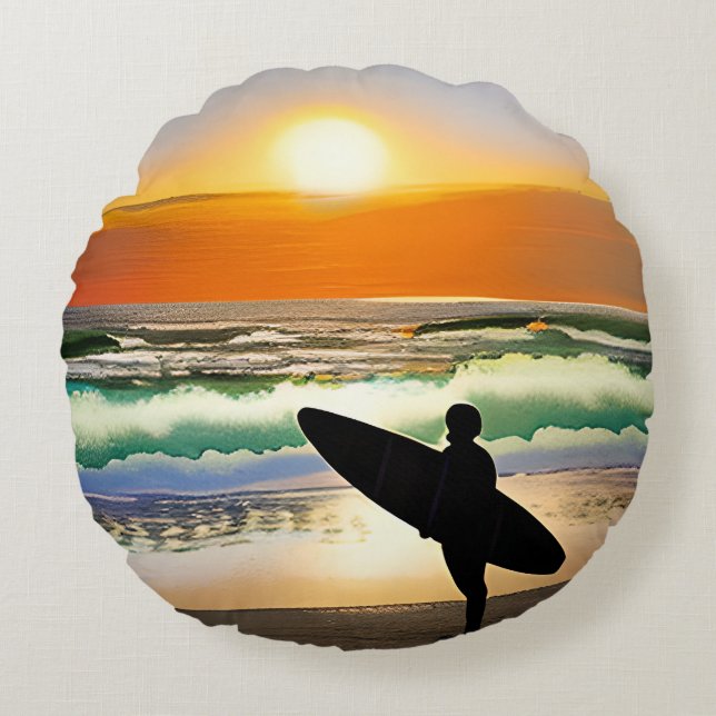 Guy on Beach with Surf Board Sunset Round Cushion (Front)