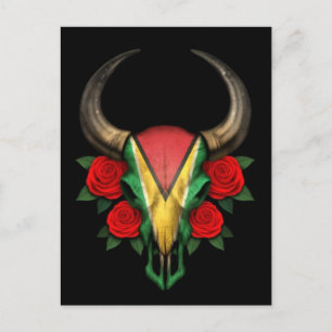 Guyana Flag Bull Skull with Red Roses Postcard