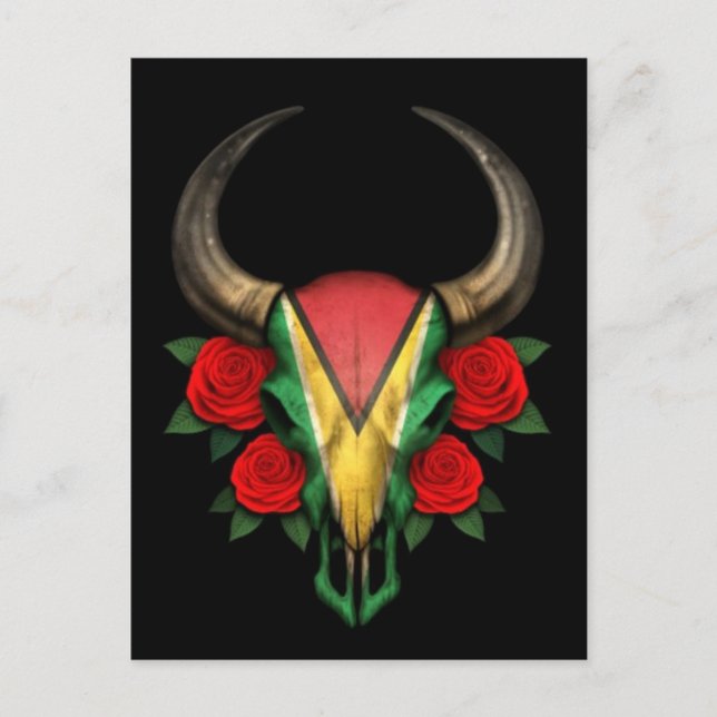 Guyana Flag Bull Skull with Red Roses Postcard (Front)