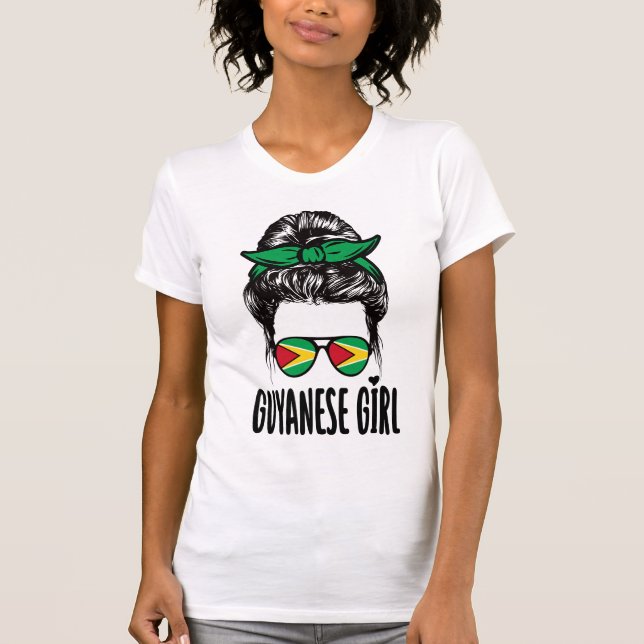 Guyanese Girl Messy Hair Guyana Pride Patriotic T-Shirt (Front)