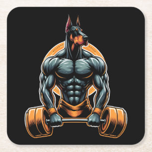 GYM doberman dog bodybuilder powerlifter Square Paper Coaster
