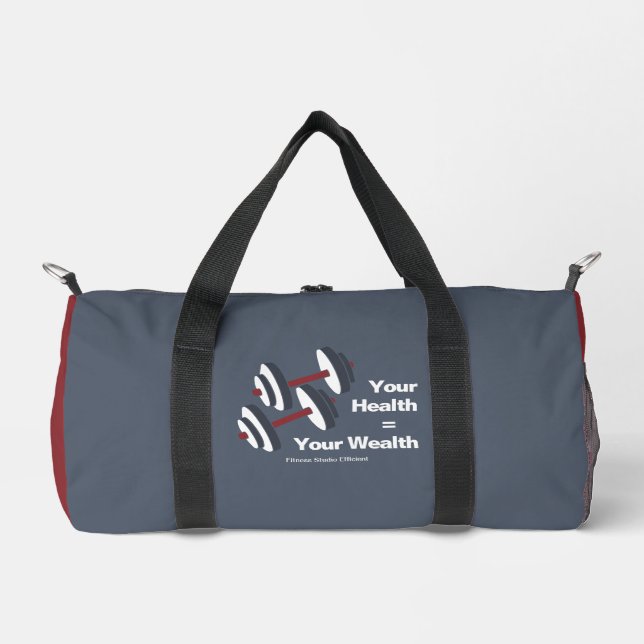 Gym Motto Your Health = Your Wealth Grey & Red Duffle Bag (Front)