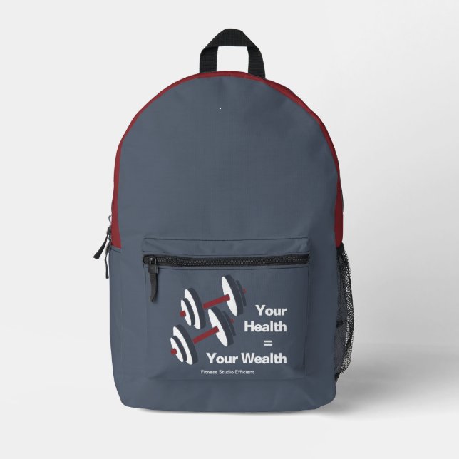 Gym Motto Your Health = Your Wealth Grey & Red Printed Backpack (Front)