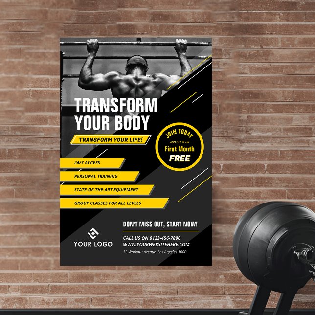 Gym Photo Black & Yellow Logo Workout Marketing Poster (Creator Uploaded)
