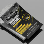 Gym Photo Black & Yellow Logo Workout Promotional Flyer<br><div class="desc">Promote your workout classes or fitness studio with this modern Gym Flyer design with photo and your custom text. Featuring a bold black and yellow design with space for one photo, your logo, tag line or heading, and services as well as a promotional badge to add a special discount or...</div>