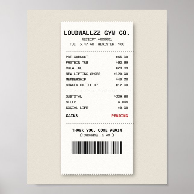 Gym Receipt Funny Workout Poster (Front)