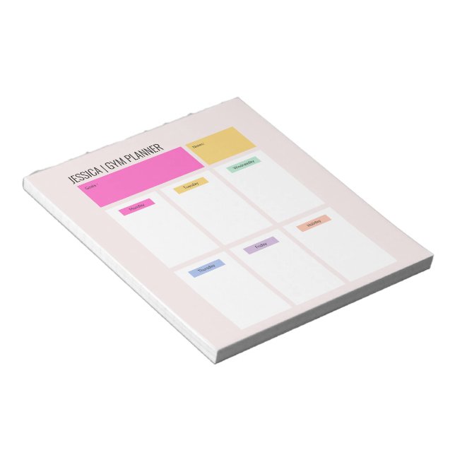 Gym sport workout name simple pastel weekly notepad (Angled)