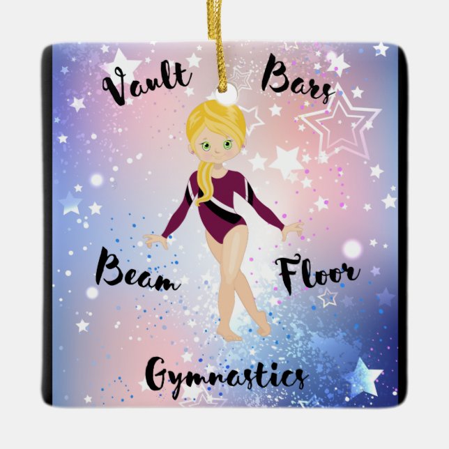 Gym Star Blonde, Green Eyes, Burgundy Leotard      Ceramic Ornament (Front)