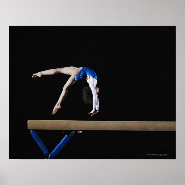 Gymnast (9-10) flipping on balance beam, side poster (Front)