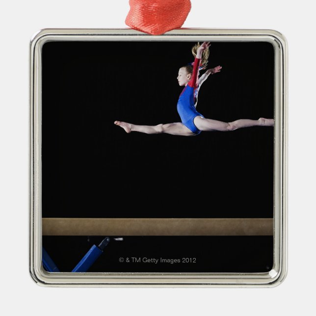 Gymnast (9-10) leaping on balance beam 2 metal tree decoration (Front)