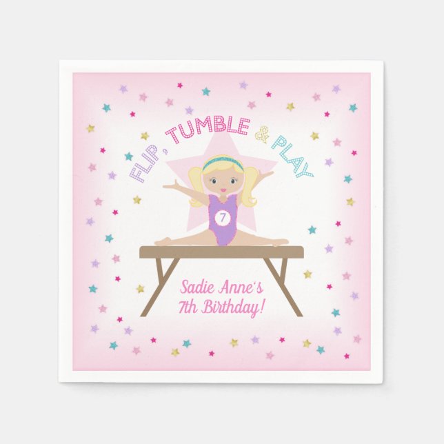 Gymnast Blonde Gymnastics Jump Birthday Party  Napkin (Front)