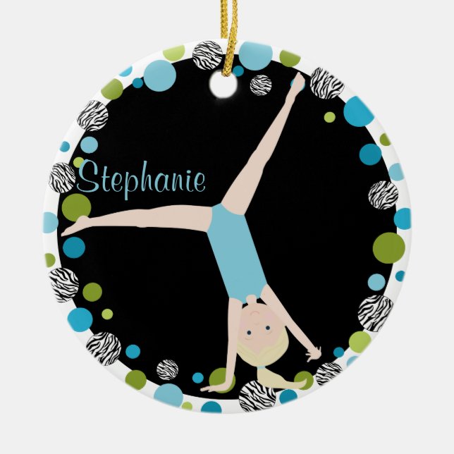 Gymnast Blonde in Aqua and Green Personalised Ceramic Tree Decoration (Front)