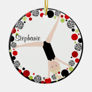 Gymnast Blonde in Red, Black & Green Personalised Ceramic Tree Decoration