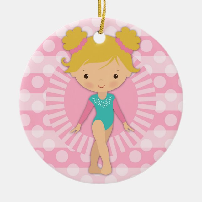 Gymnast - Cute Gymnastics Pink Aqua Blonde Ceramic Tree Decoration (Front)