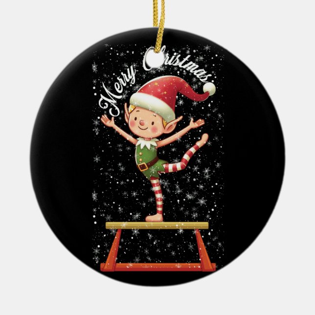 Gymnast Elf on Balance Beam   Xmas Gymnastics Chri Ceramic Tree Decoration (Front)