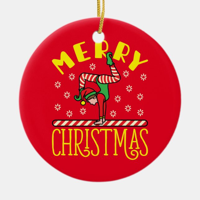 Gymnast Elf on Beam Gymnastics Christmas Ceramic Tree Decoration (Front)