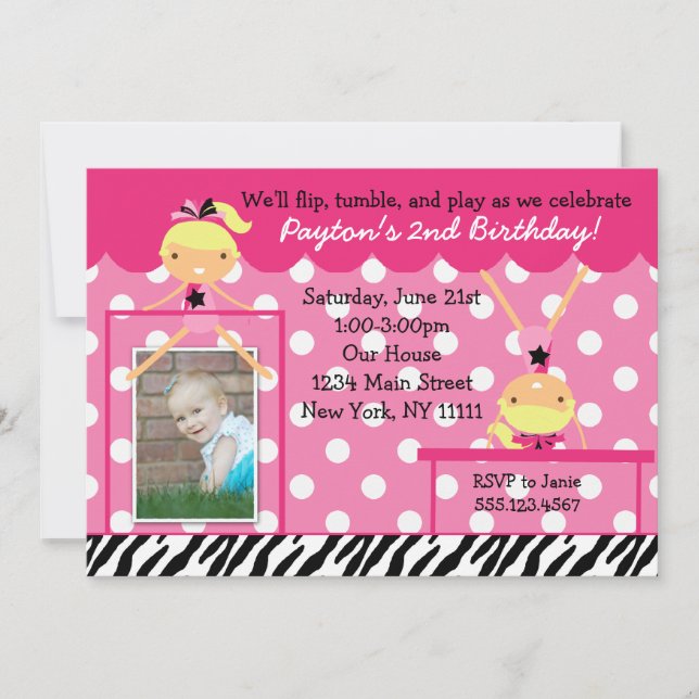 Gymnast Gymnastics Birthday Party Invitation Zebra (Front)