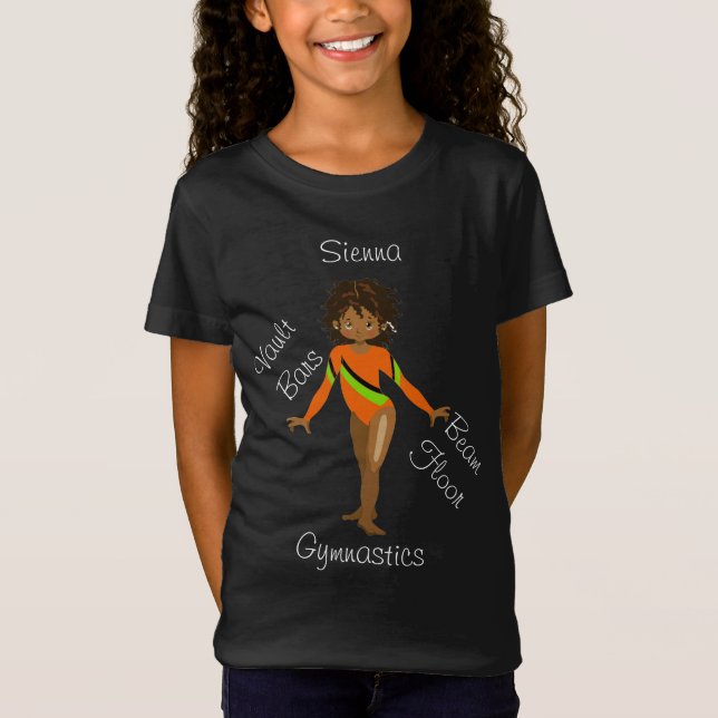 Gymnastic African American, Brown Eyes, Orange Leo T-Shirt (Front)