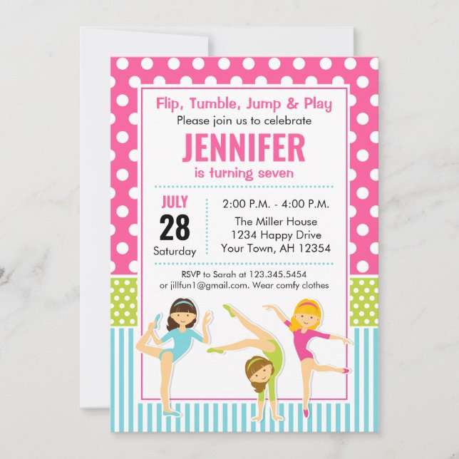 Gymnastic Birthday Invitation girls party (Front)