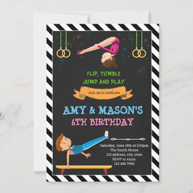 Gymnastic boy and girl party invitation (Front)