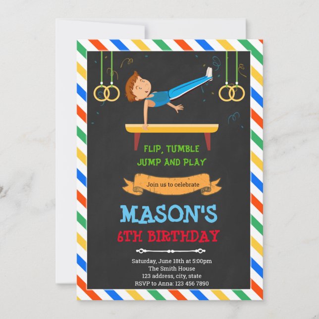Gymnastic boy birthday party invitation (Front)