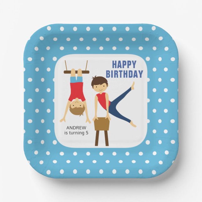 Gymnastic boys Birthday Paper Plate dots (Front)