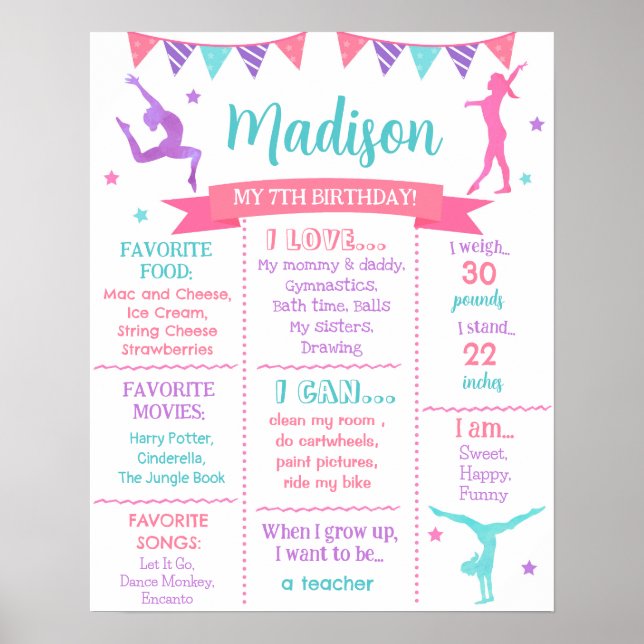 Gymnastic Gymnast Birthday Milestone Board Sign (Front)