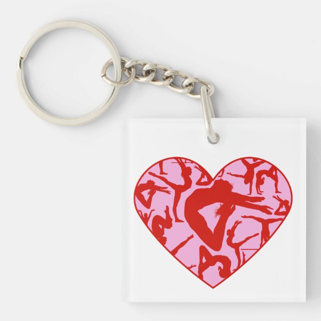 Gymnastic Heart Key Chain 1.875" square Red & Pink (Front)