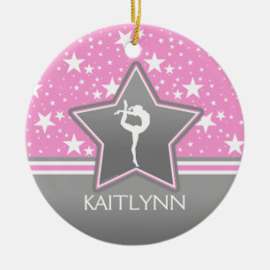 Gymnastics Among the Stars in Pink with YOUR NAME Ceramic Tree Decoration