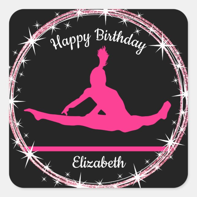 Gymnastics Bars Birthday in Pink and Black    Square Sticker (Front)
