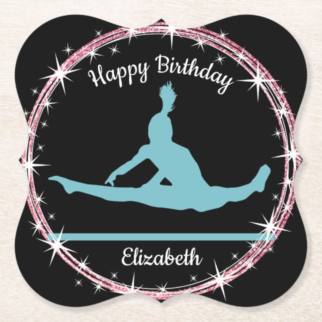 Gymnastics Bars Birthday in Teal and Black  Paper Coaster (Front)