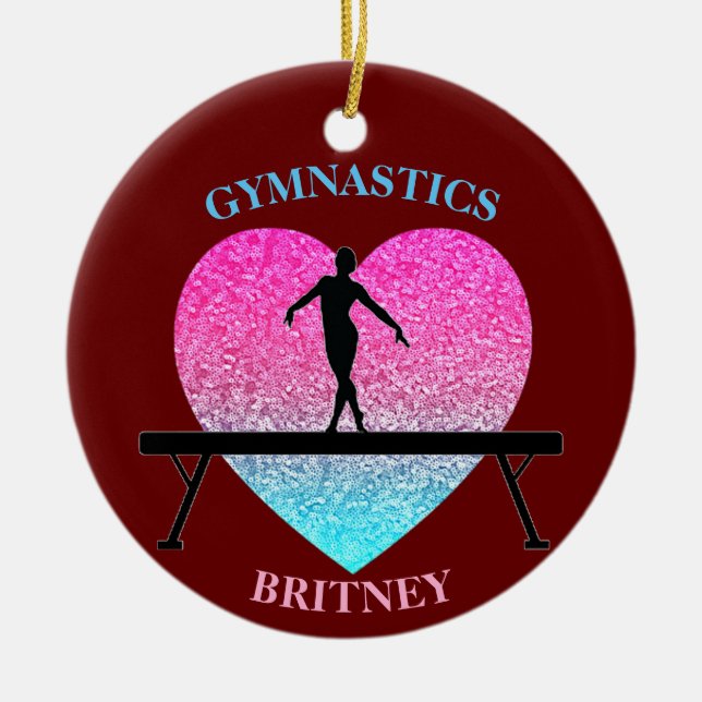 Gymnastics Beam Sparkle Heart Burgundy Ceramic Tree Decoration (Front)