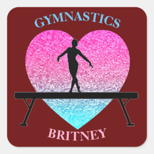 Gymnastics Beam Sparkle Heart Burgundy Square Sticker