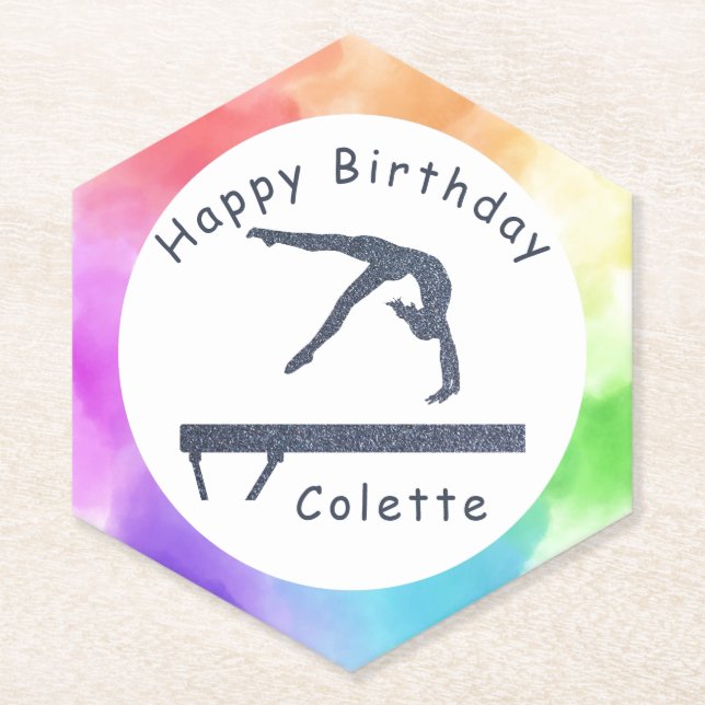 Gymnastics Birthday Balance Beam Watercolor Splash Paper Coaster (Front)