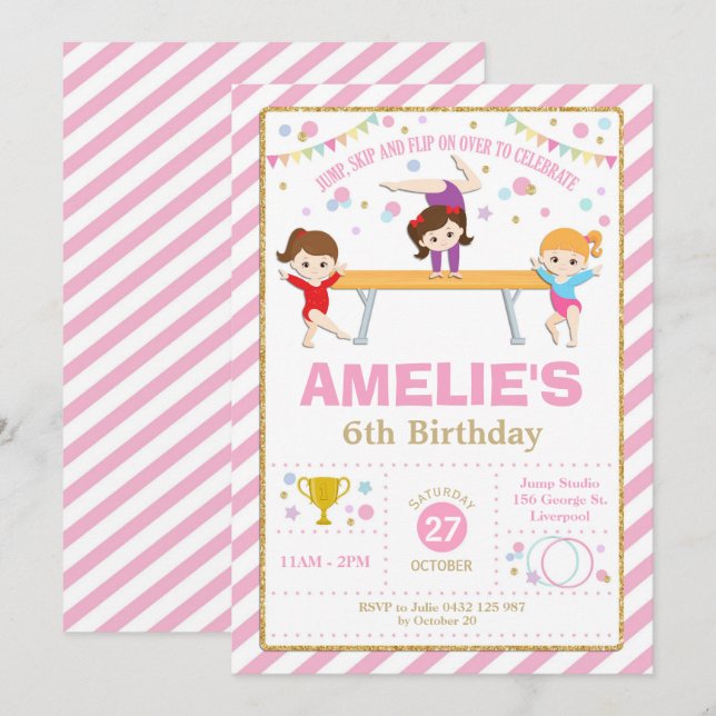 Gymnastics Birthday Dance Party Girl Pink and Gold Invitation (Front/Back)