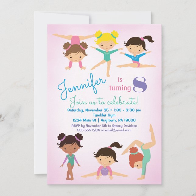 Gymnastics Birthday Invitation - Girls Pink (Front)