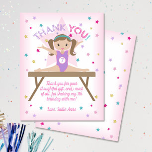 Gymnastics Birthday Party Brown Hair Thank You Card